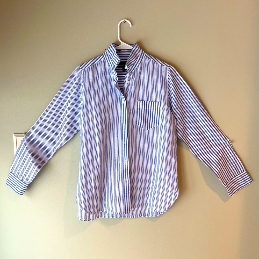 J Crew linen/cotton classic pinstripe blouse.Barely worn, laundered and pressed.